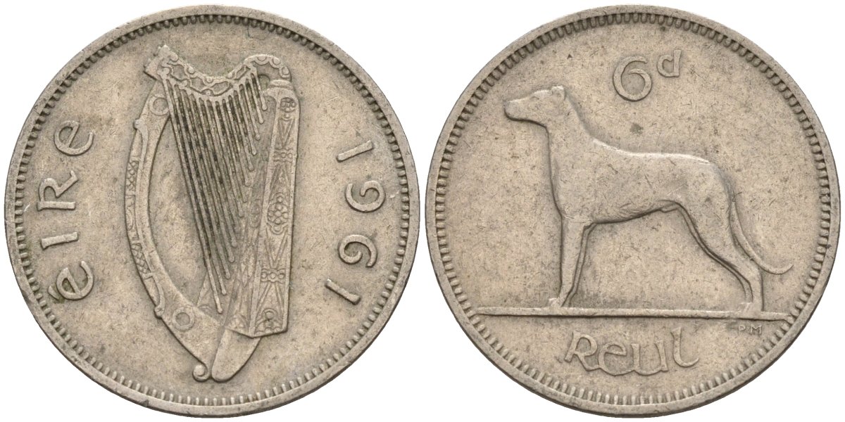 Ирландия 6 пенсов 1961 ирландский волкодав KM 13a медно-никель 4146-451