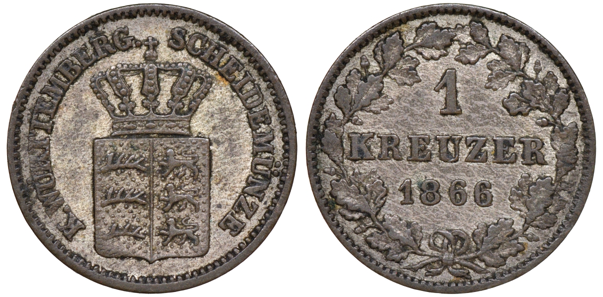 Вюртемберг 1 крейцер 1866 Карл I (1864-1891) KM 612, Jaeger 82, AKS 128 серебро    220-932