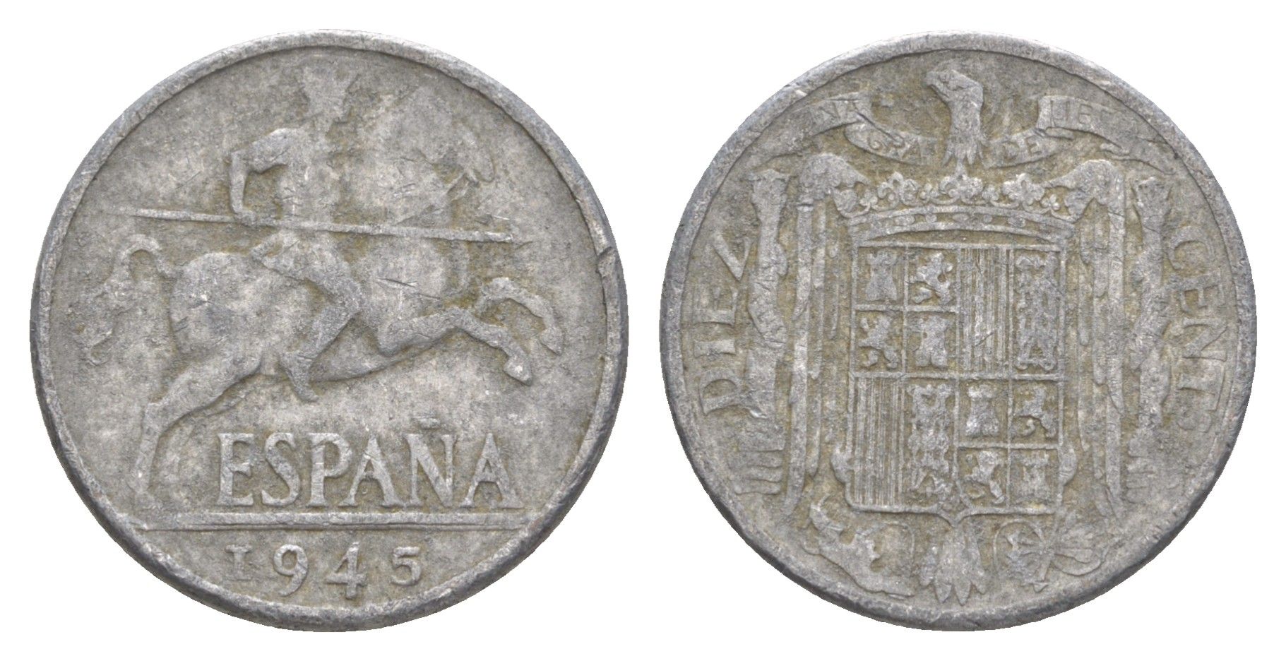 Испания 10 сентимо 1945 рыцарь на коне, Франсиско Франко (1939-1975) KM 766 алюминий 4619-1135