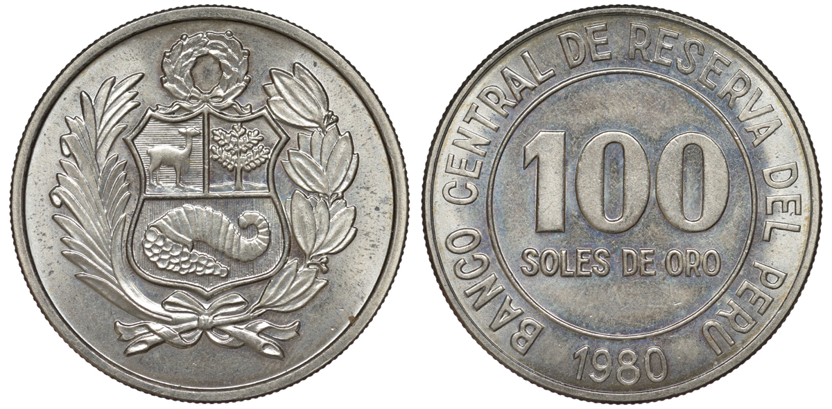 Перу 100 солей 1980 KM 283 медно-никель aUNC 4367-714