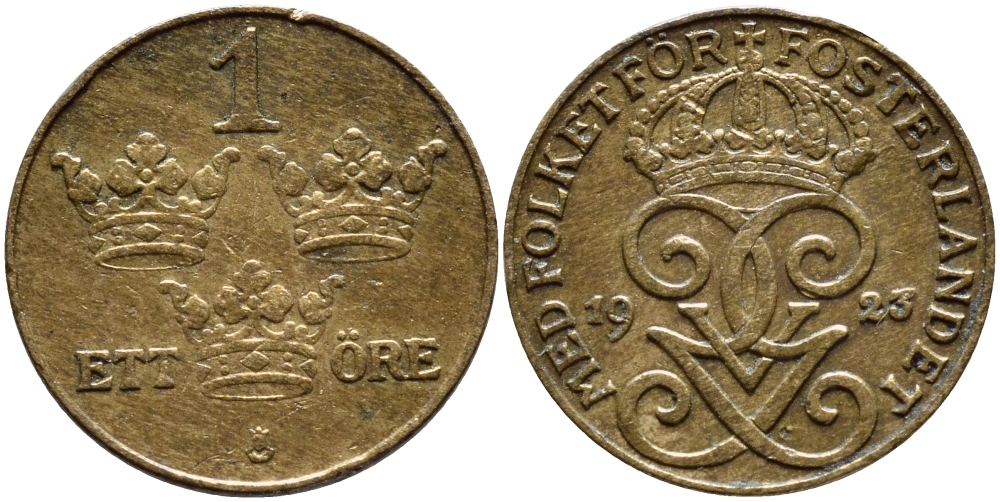 Швеция 1 эре 1923 Густав V (1907-1950) KM 777.2 бронза 4396-162