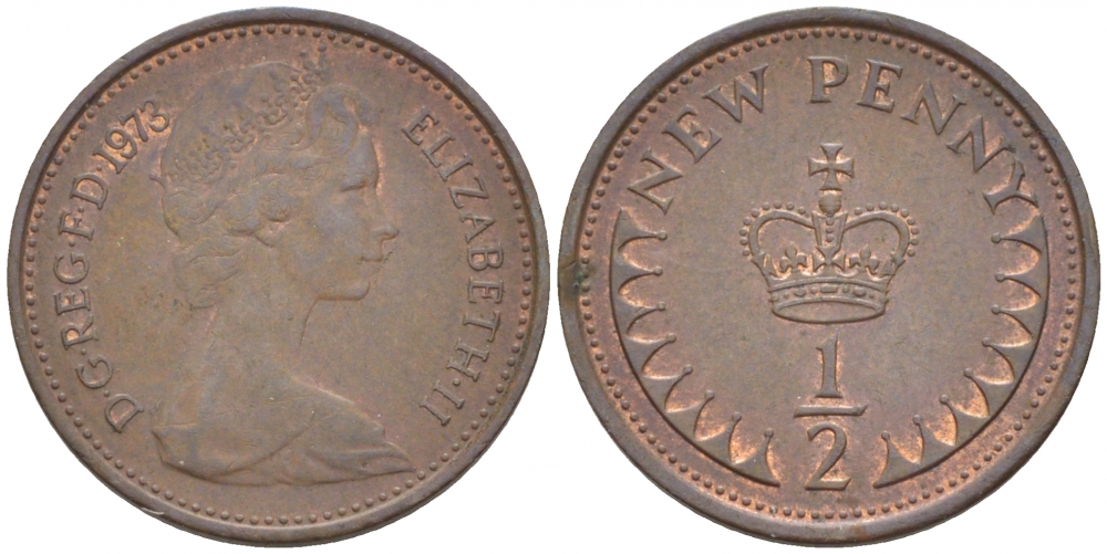 Великобритания 1/2 пенни 1973 Елизавета II (1952-2022) KM 914, Spink 4239 бронза 112-1231
