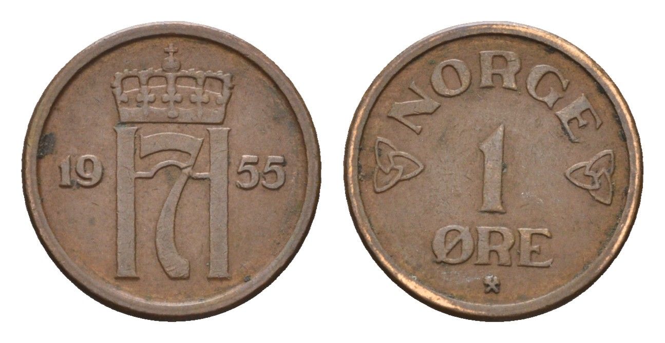 Норвегия 1 эре 1955 Хокон VII (1905-1957) KM 398 бронза 4702-535