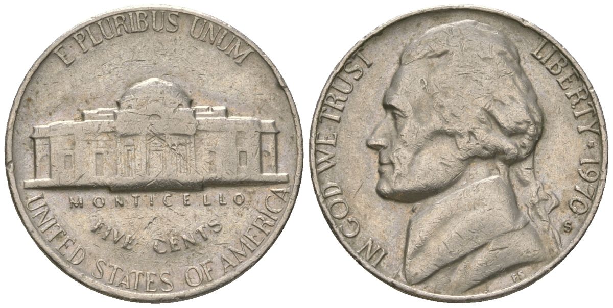 США 5 центов 1970 S (Сан-Франциско), Джефферсон KM A192 медно-никель 4592-437