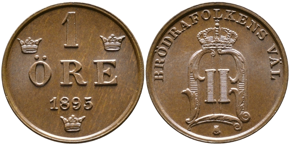 Швеция 1 эре 1895 Оскар II (1872-1907) король Швеции и Норвегии KM 750 бронза UNC 176-858