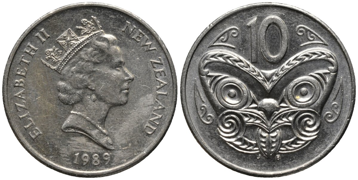 Новая Зеландия 10 центов 1989 Елизавета II (1952-2022), маска маори KM 61 медно-никель 4579-955