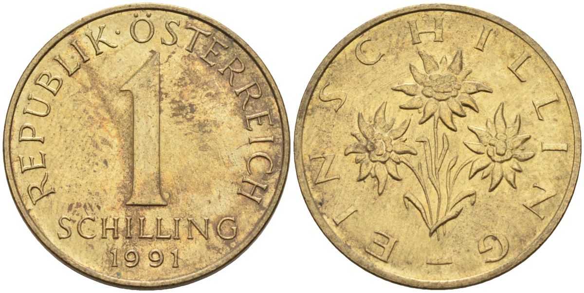 Австрия 1 шиллинг 1991 KM 2886 алюминиевая бронза 4592-1036