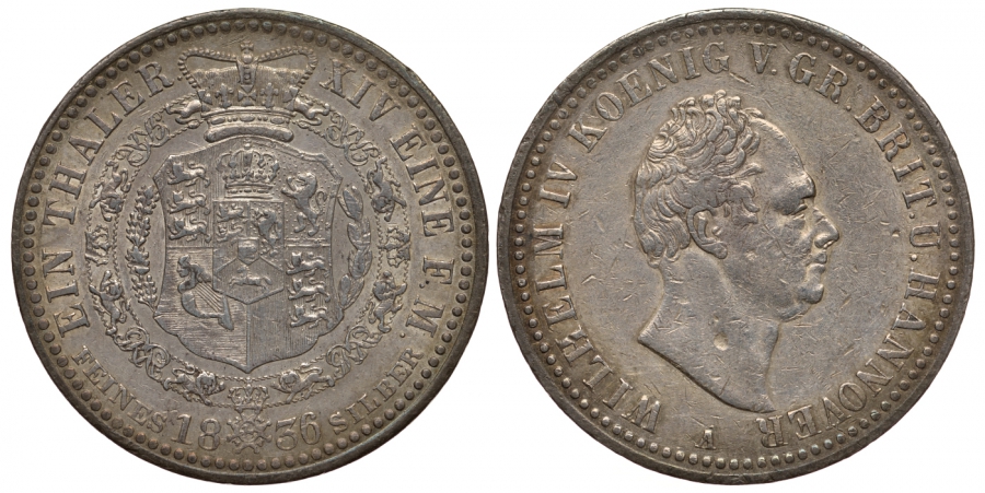 Брауншвейг-Каленберг-Ганновер 1 талер 1836 A, Вильгельм IV (1830-1837) КМ 169, Welter 3047, Thun 154, AKS 64, Kahnt 221, Jaeger 52, Davenport 664 серебро 1095-6-51