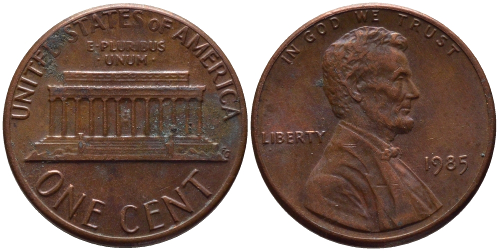 США 1 ЦЕНТ 1985 ЛИНКОЛЬН KM 201b цинк плакированный медью 66-1031