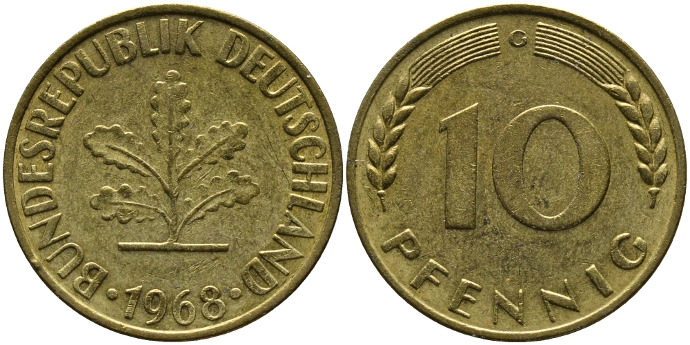 ФРГ 10 ПФЕННИГОВ 1968 G KM 108, J.383 сталь плакированная латунью 98-421