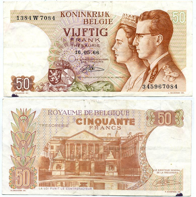 БЕЛЬГИЯ 50 ФРАНКОВ 1966 16 МАЯ 1966, ПОДПИСЬ 21, КОРОЛЬ БОДУЭН И КОРОЛЕВА ФАБИОЛА Pick 139 бумага 7147-4-1