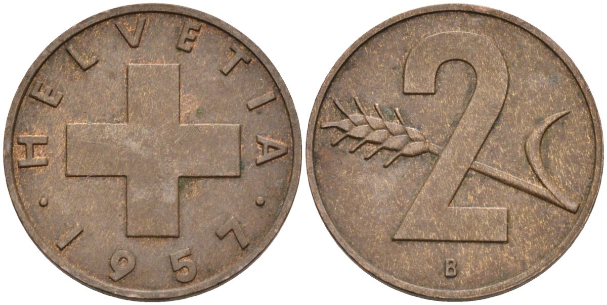 Швейцария 2 раппена 1957 В KM 47 бронза 4591-1143