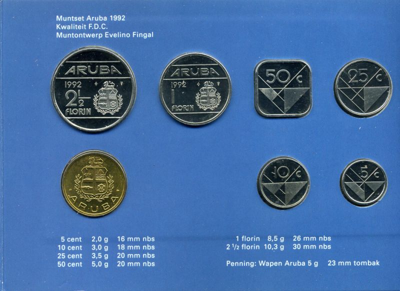Аруба официальный набор из 6 монет 1992 в оригинальном буклете, с жетоном монетного двора KM MS7 UNC 2-5-2-36