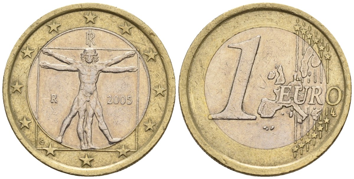 Италия 1 евро 2005 Витрувианский человек KM 216 биметалл 4148-644