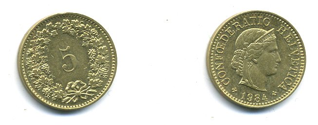 ШВЕЙЦАРИЯ 5 РАППЕНОВ 1984 KM 26с алюминий латунь 59-1041