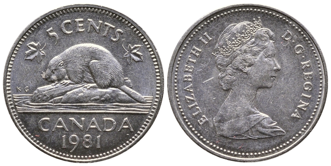 Канада 5 центов 1981 Елизавета II (1952-2022), бобер KM 60.2 никель 4364-2557