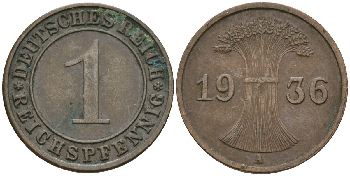 Германия 1 рейхспфенниг 1936 A KM 37, J. 313 бронза 4528-838