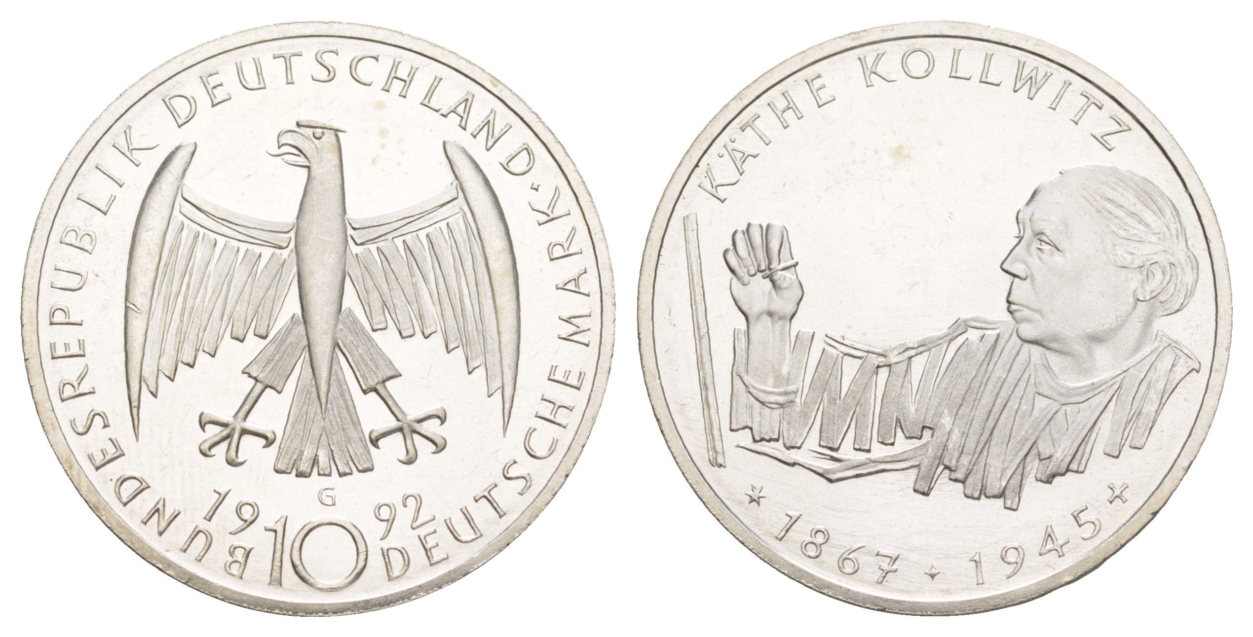 ФРГ 10 марок 1992 G, 125 лет со дня рождения Кете Кольвиц KM 178 серебро UNC 4634-1021