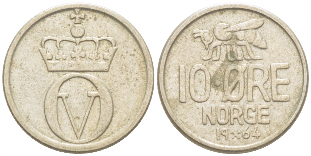 Норвегия 10 эре 1964 пчела, Улаф V (1958-1991) KM 411 медно-никель 3955-169