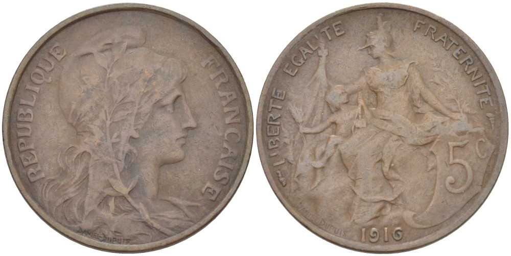 ФРАНЦИЯ 5 САНТИМОВ 1916 ТИП ДАНИЭЛЬ ДЮПЮИ KM 842, LE FRANC 119.28 бронза 212-857