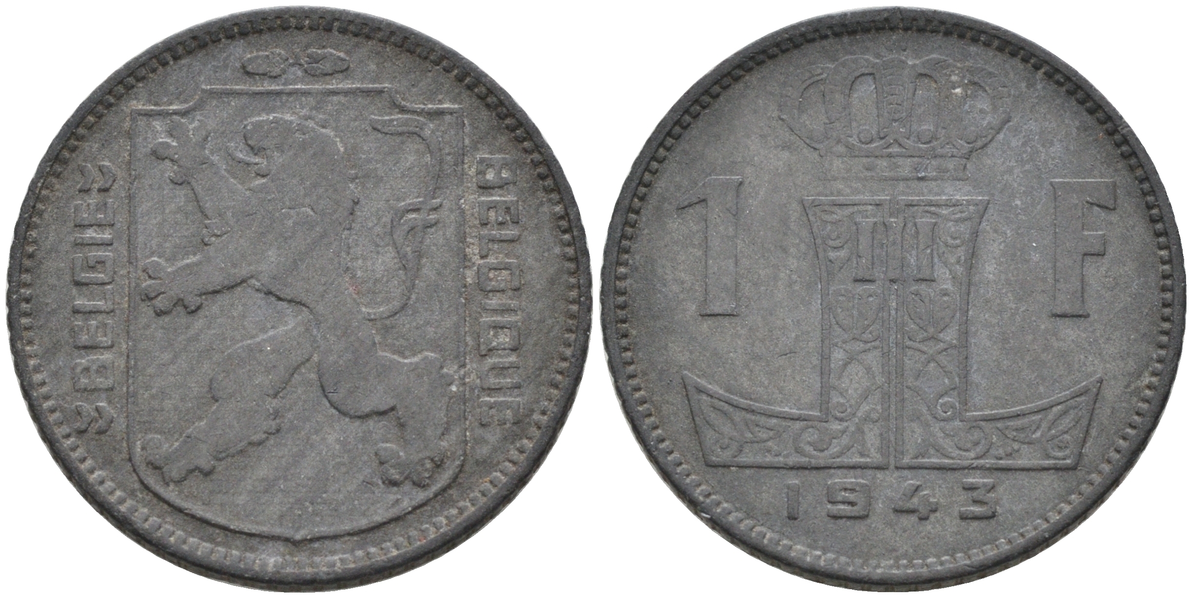 БЕЛЬГИЯ 1 ФРАНК 1943 BELGIE-BELGIQUE KM 128 цинк 4563-1154