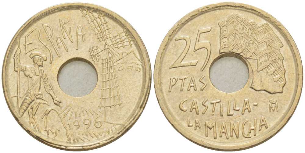 ИСПАНИЯ 25 ПЕСЕТ 1996 КАСТИЛЬЯ - ЛА МАНЧА - ДОН КИХОТ, ХУАН КАРЛОС I (1975-) KM 962 медь цинк никель 210-911