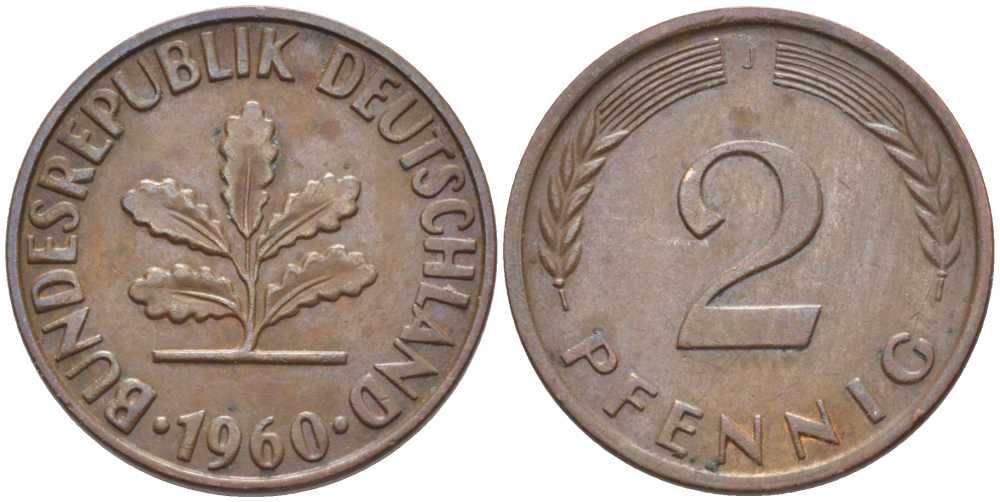 ФРГ 2 ПФЕННИГА 1960 J KM 106, J. 381 бронза 116-314