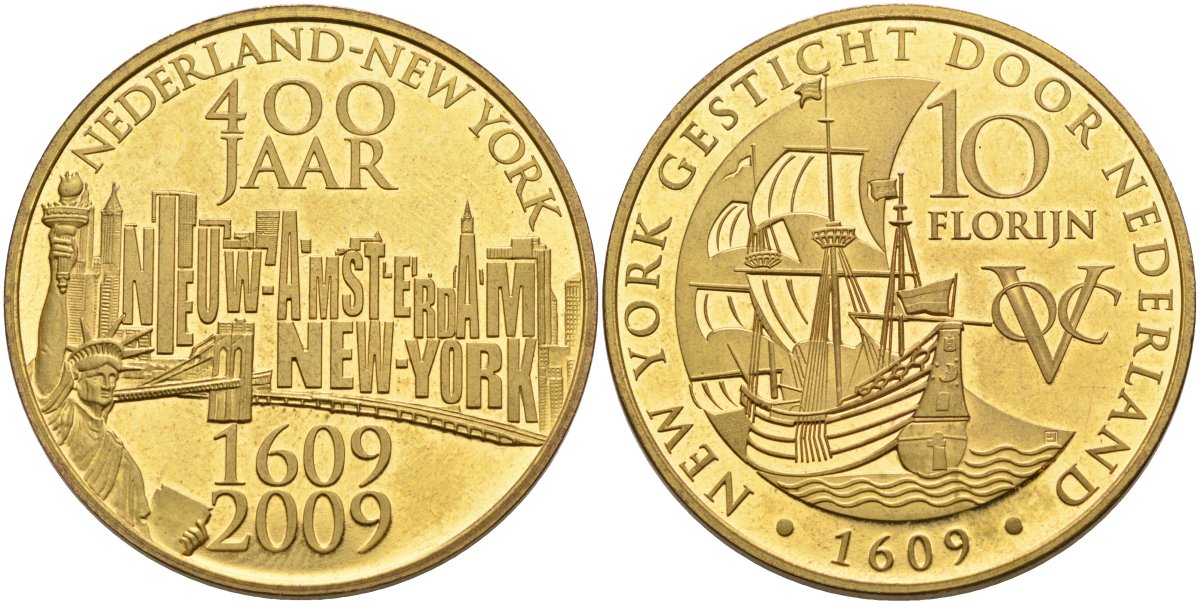 Нидерланды медаль, 10 флоринов 2009 Восточно-Индийская компания, 400 лет открытия Нью- Йорка, диаметр 35 мм., позолота бронза PROOFLIKE 4558-912