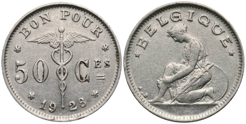 БЕЛЬГИЯ 50 САНТИМОВ 1928 BELGIQUE, АЛЬБЕРТ I (1909-1934) KM 87 никель 27-122