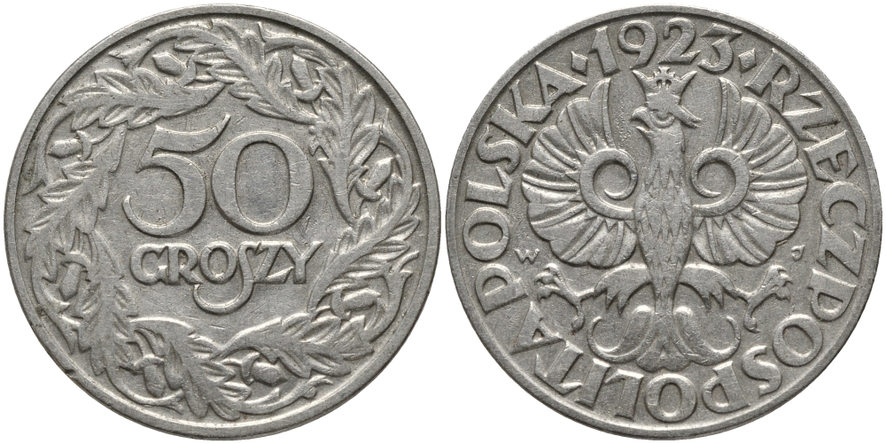 Польша 50 грошей 1923 Республика KM 13, Parchimowicz 106 никель 80-1054
