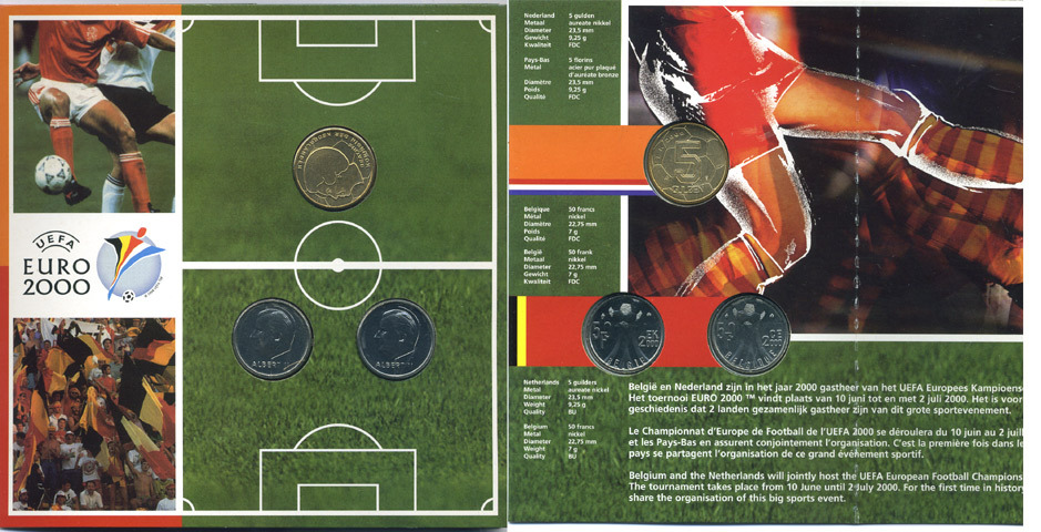 Бельгия набор из 3 монет + жетон 2000 Belgie-Belgique + 5 гульденов Нидерланды 2000 год, чемпионат мира по футболу, FIFA, в оригинальном картонном буклете KM PS 7 PROOF 1-4-2-12