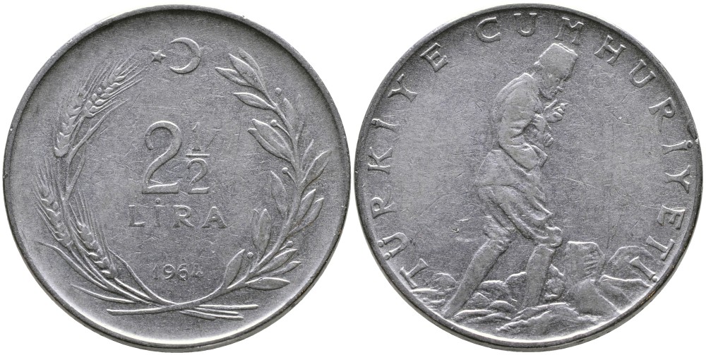 ТУРЦИЯ 2 1/2 ЛИРЫ 1964 KM 893.1 нержавеющая сталь 29-1043