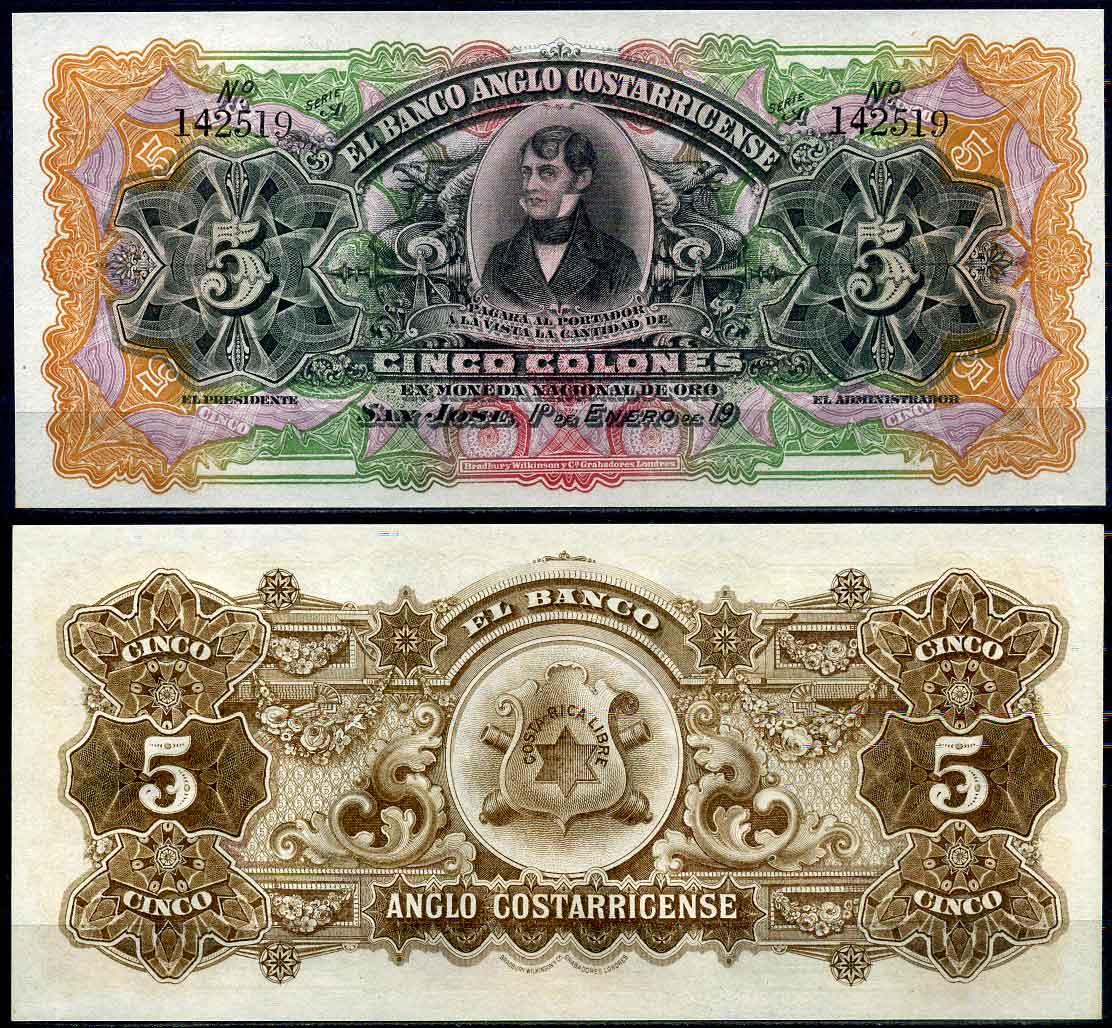 Коста-Рика 5 колонов 1911-1917 Англо - Коста-Риканский Банк Pick s122r бумага UNC (пресс) 00-00