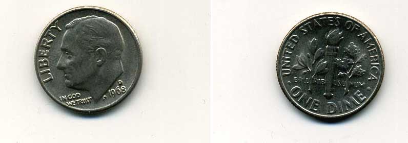 США 10 ЦЕНТОВ = 1 ДАЙМ 1968 D, РУЗВЕЛЬТ KM 195a медь плакированная медно-никелем 57-1169