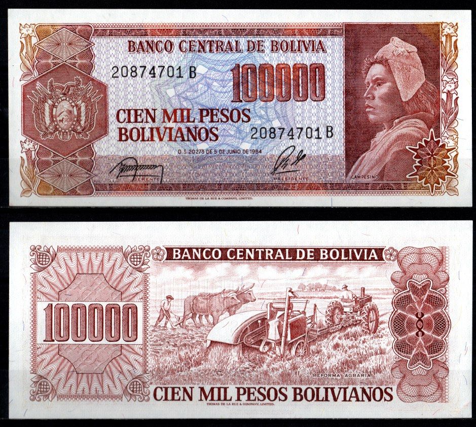 Боливия 100000 песо 1984 Pick 171 a (2) бумага UNC (пресс) 6280-55-3-1