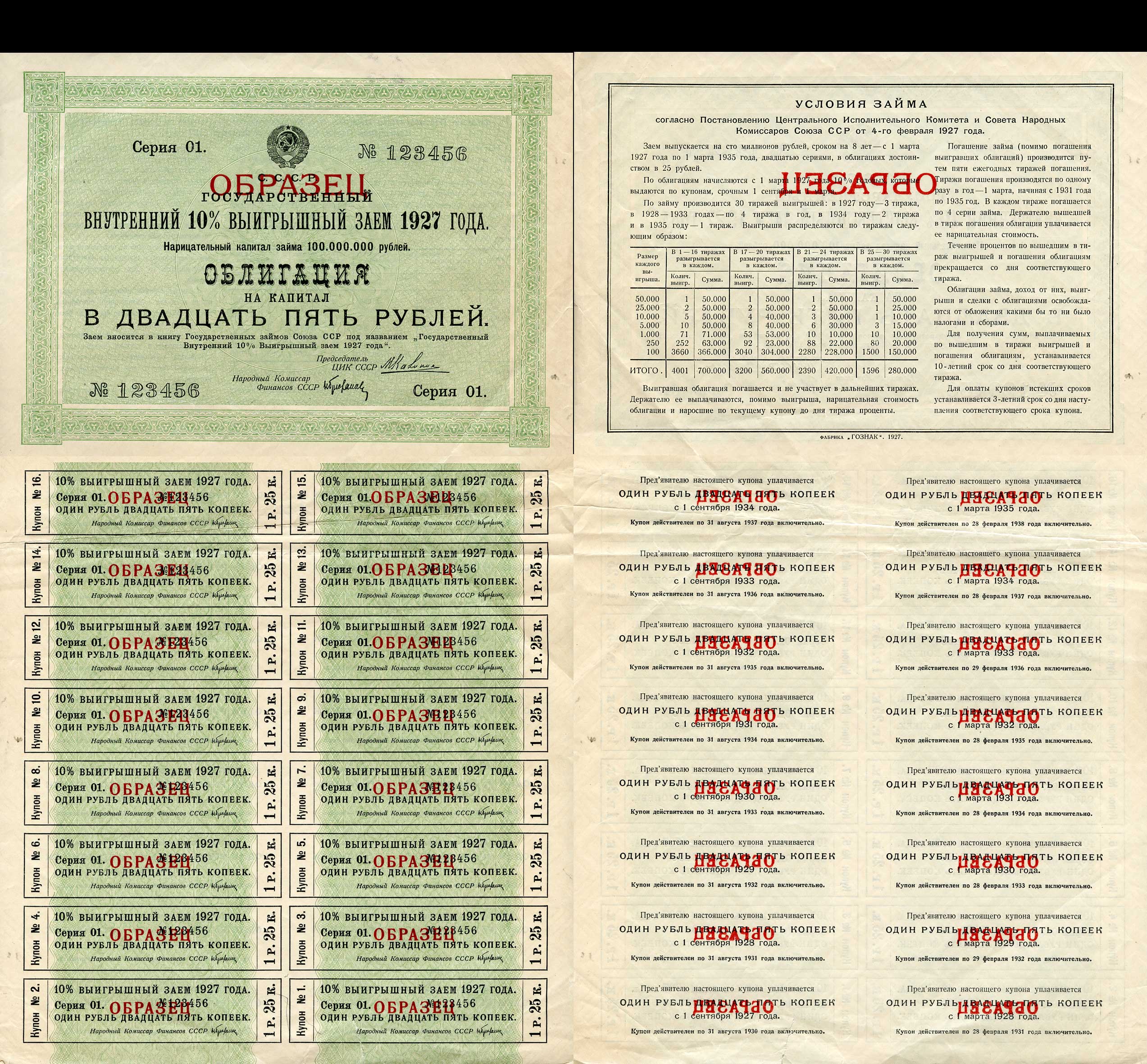 СССР, Государственный внутренний 10 % выигрышный заем 25 рублей, 1 облигация 1927 Образец. Серия 01. № 123456. Золотарев 27.1.2  бумага   5548-84-1-1