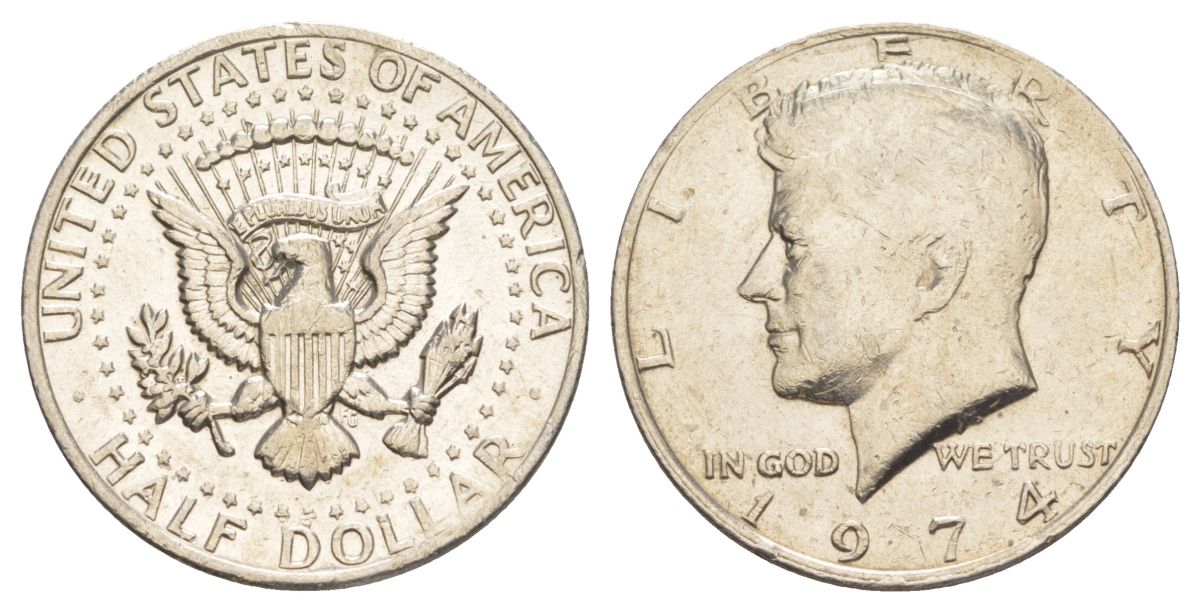 США 1/2 доллара (50 центов) 1974 Джон Кеннеди KM 202b медь плакированная медно-никелем aUNC 4536-825