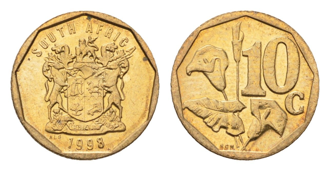 ЮАР 10 центов 1998 герб, цветок алоэ KM 161 сталь плакированная бронзой UNC 4694-746