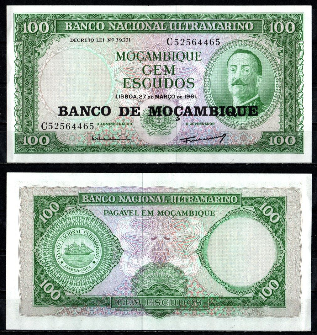 Мозамбик 100 эскудо 1961 (1976) надпечатка Pick 117 бумага 7485-1-3-1