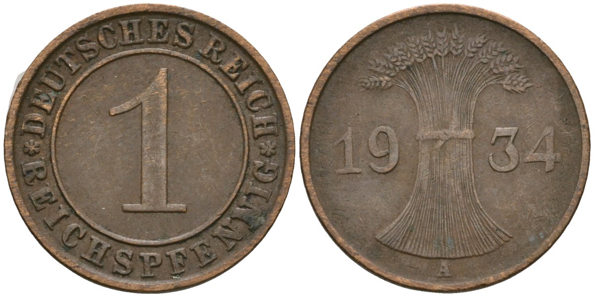 Германия 1 рейхспфенниг 1934 A KM 37, J. 313 бронза 4189-1239