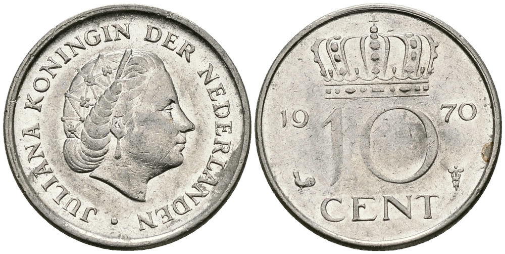 Нидерланды 10 центов 1970 Юлиана (1948-1980) KM 182 никель 96-411