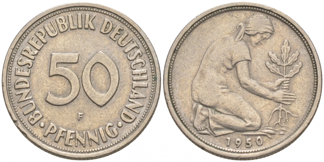 ФРГ 50 ПФЕННИГОВ 1950 F KM 109.1, J. 384 медно-никель 44-147
