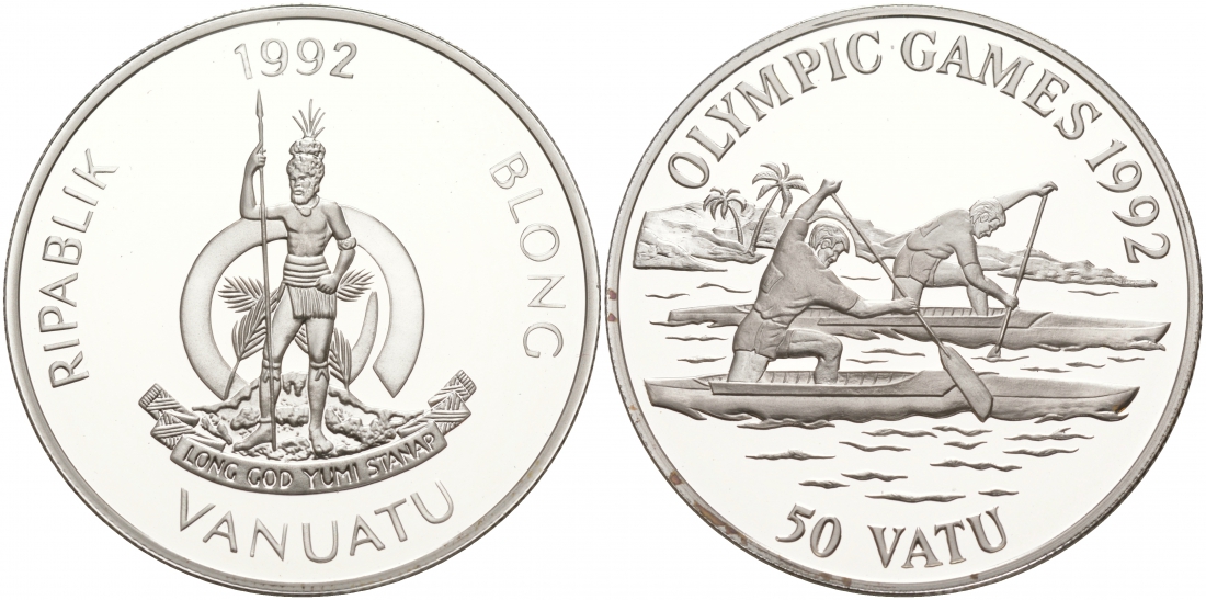 Вануату 50 вату 1992 XXV Олимпийские игры в Барселоне 1992 года, гребля на каное KM 14 серебро PROOF 02-039-24