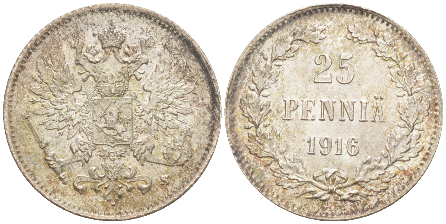 Россия для Финляндии 25 пенни 1916 S, Николай II (1894-1917) KM 6.2, Биткин 421 серебро 63-365