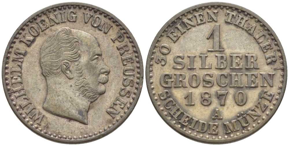 ПРУССИЯ 1 ГРОШ 1870 А, ВИЛЬГЕЛЬМ I (1861-1888) KM 485 серебро 201-647