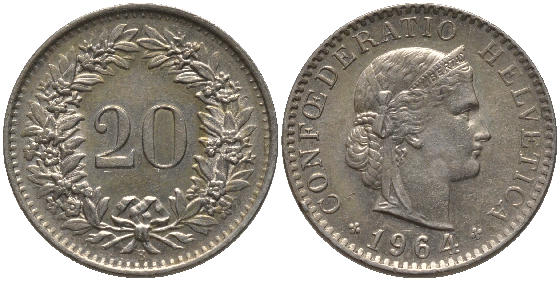 Швейцария 20 раппенов 1964 B KM 29а медно-никель 4548-657