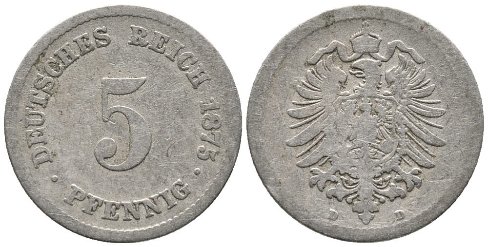 ГЕРМАНИЯ 5 ПФЕННИГОВ 1875 D, СТАРОГЕРБОВКА KM 3, J. 3 медно-никель 39-339