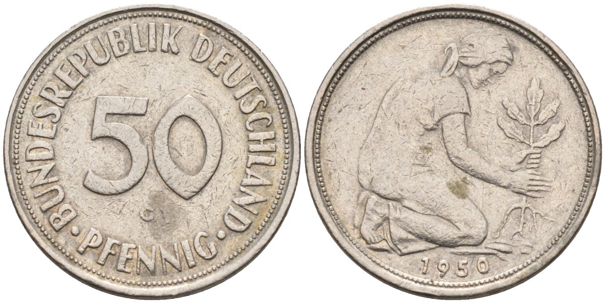 ФРГ 50 пфеннигов 1950 G KM 109.1, J. 384 медно-никель 4586-625