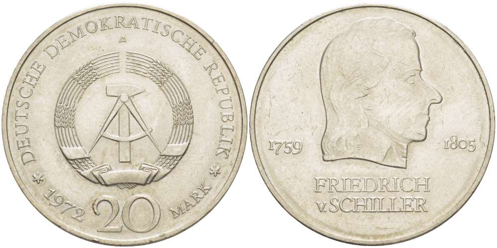 ГДР 20 марок 1972 А, Фридрих Шиллер (1759-1805) KM 40 медно-никель 4521-644