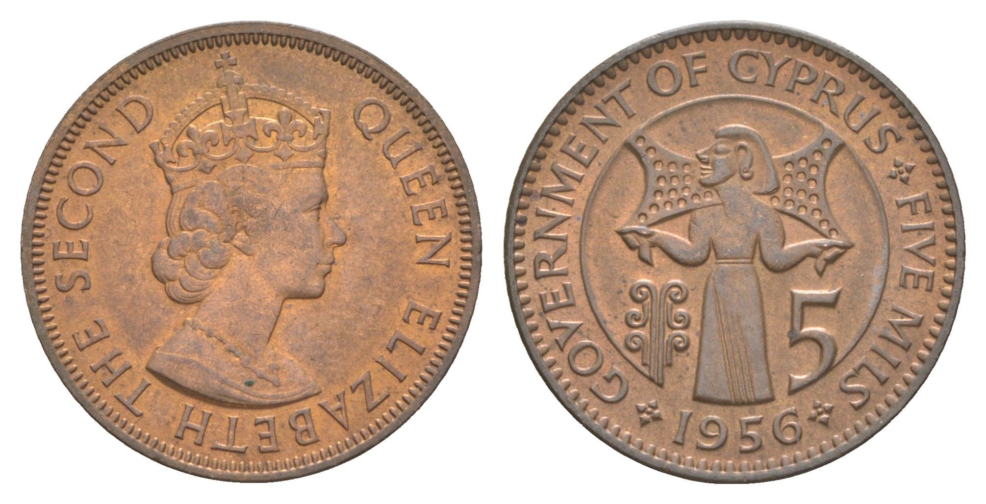 Кипр 5 милей 1956 Елизавета II (1952-2022) KM 34 бронза UNC 4652-333